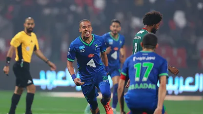 Sofiane Bendebka celebrates his winner for Al Fateh at Al Ettifaq