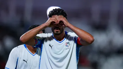 NEOM SC captain Ahmed Hegazi celebrates goal at Al Riyadh