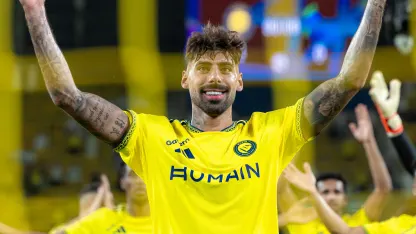 Samu Costa celebrates Al Nassr's opening win against Al Fateh with fans