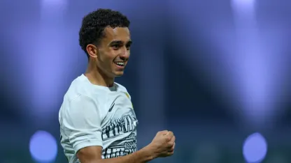 Ahmed Al Ghamdi celebrates his first goal for Al Ittihad v Al Fateh