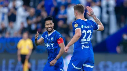 Salem Al Dawsari celebrates goal with Al Hilal teammate Sergej Milinkovic-Savic
