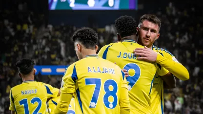 Aymeric Laporte celebrates Al Nassr's goal v Al Fayha