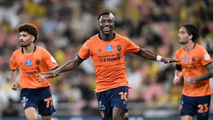 Al Fayha forward Fashion Sakala celebrates goal at RSL champions Al Ittihad