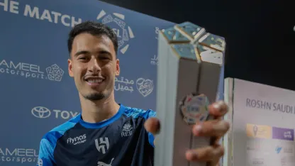 Gabriel Martinelli with his Man of the Match award following a hat-trick in Al Hilal's win at Al Taawoun