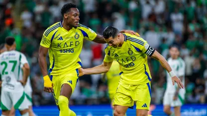 Jhon Duran and Cristiano Ronaldo celebrate Al Nassr v Al Ahli