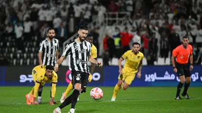Al Shabab's Yannick Carrasco scores penalty v Al Taawoun in 2023-24 RSL