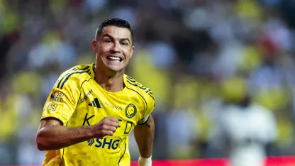 Cristiano Ronaldo celebrates goal in 2025 Saudi Super Cup final