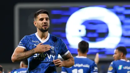 Al Hilal striker Aleksandar Mitrovic celebrates goal in Saudi Clasico v Al Ittihad