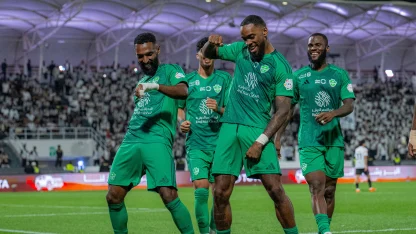 Ivan Toney celebrates scoring Al Ahli's fifth goal in the win at Al Shabab