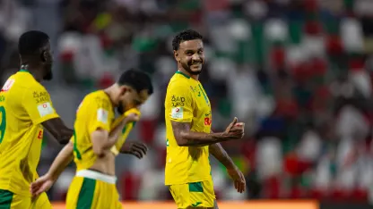 Al Khaleej Joshua King celebrates goal at Al Ettifaq