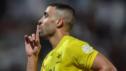 Abderrazaq Hamdallah celebrates scoring for Al Ittihad