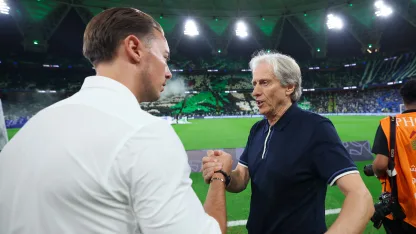Rival managers Matthias Jaissle of Al Ahli (L) and Al Hilal's Jorge Jesus