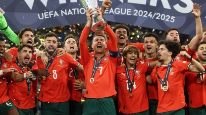 Cristiano Ronaldo lifts the 2025 UEFA Nations League trophy with Portugal