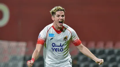 Morad Khodari celebrates goal for Al Wehda v Al Raed