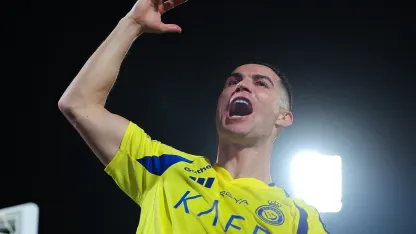 Cristiano Ronaldo celebrates Al Nassr win v Al Shabab