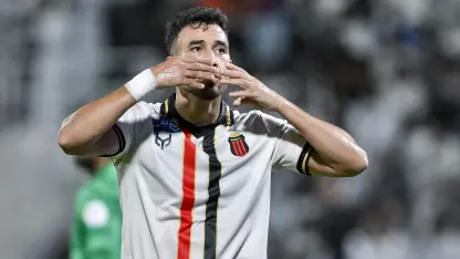 Trezeguet celebrates his first RSL goal in Al Riyadh's draw at Al Shabab