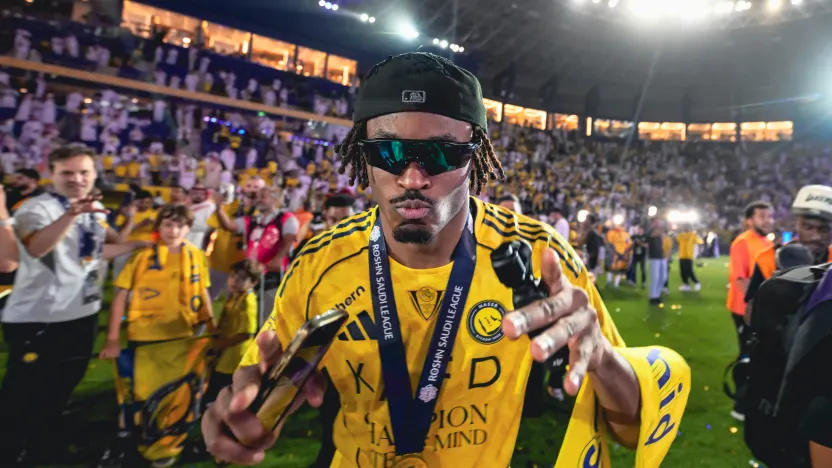 Defender Mohamed Simakan soaks in the Al Nassr title celebrations-1069743