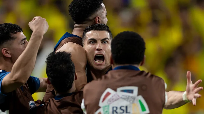 Cristiano Ronaldo celebrates wildly after his dipping free-kick put Al Nassr 3-1 up v Damac-1069613