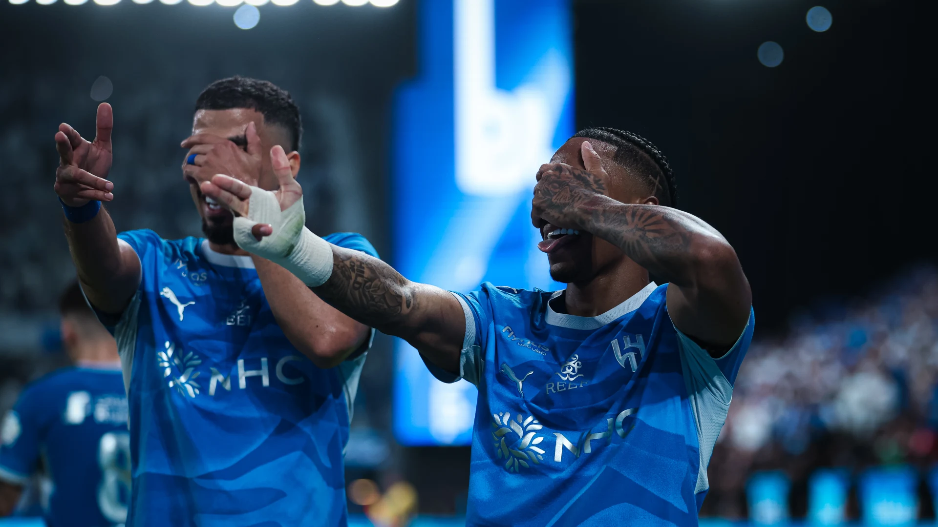 Crysencio Summerville (R) celebrates super goal for Al Hilal against Al Ahli
