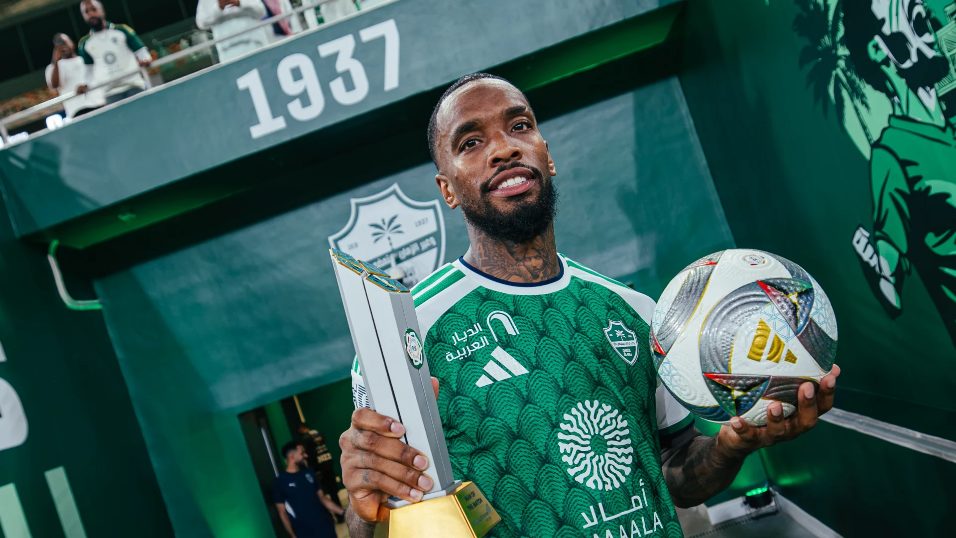 Al Ahli hotshot Ivan Toney with his Man of Match and match ball after hat-trick against Abha