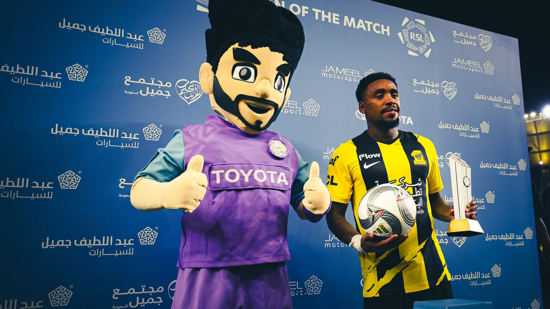 Steven Bergwijn with his Man of the Match award after hat-trick for Al Ittihad against Al Hazem