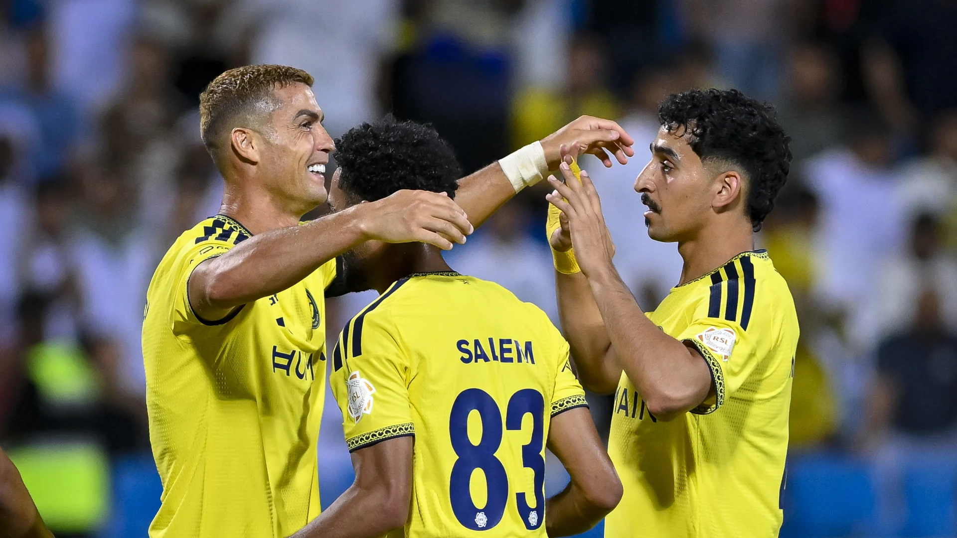 Cristiano Ronaldo celebrates goal at Al Riyadh with his Al Nassr teammates