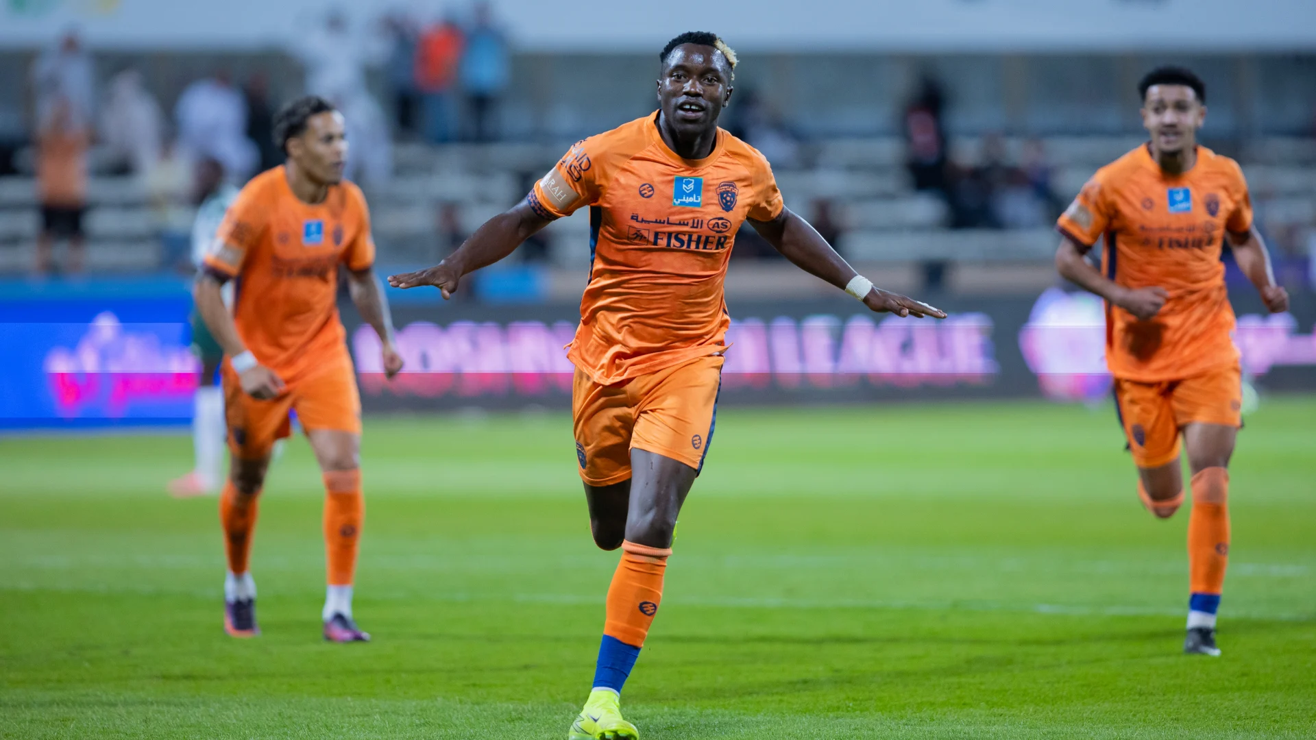 Fashion Sakala celebrates goal against Al Kholood - the only time the Al Fayha forward has found the net this season