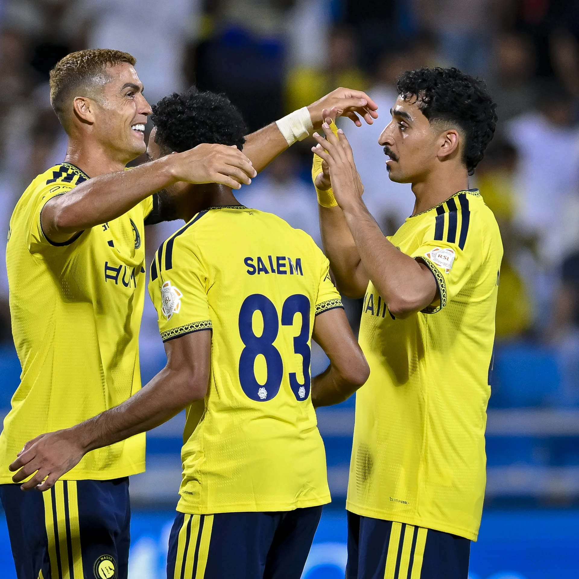 Cristiano Ronaldo celebrates goal at Al Riyadh with his Al Nassr teammates