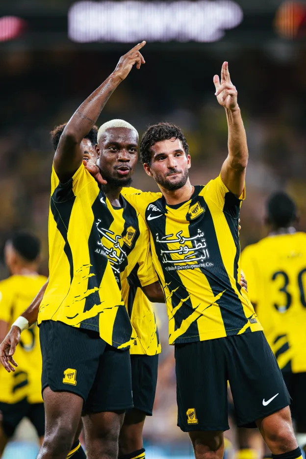 George Ilenikhena and Houssem Aouar celebrate goal in win against Al Nassr