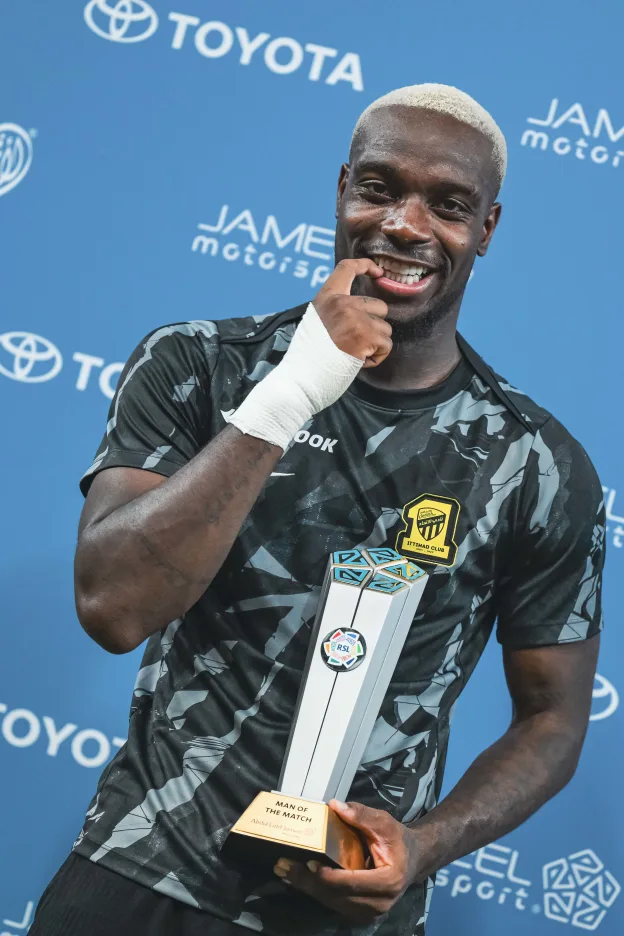 Al Ittihad's George Ilenikhena with Man of the Match award following dazzling double against Al Nassr